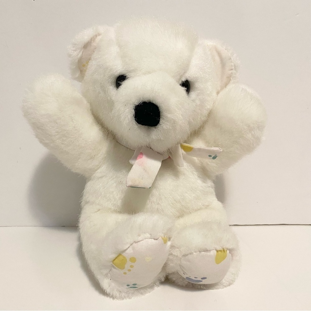 Dakin Cuddles White Teddy Bear Plush Foot Print Feet Bow Vintage 1979 Stuffed